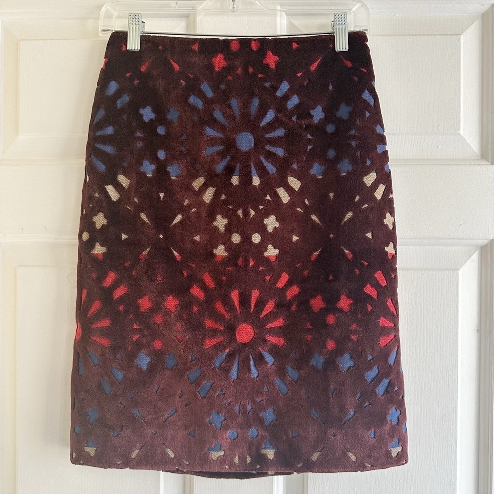 Carven Velvet Eyelet Midi Skirt Size 36 FR Burgundy Geometric Art to Wear‎